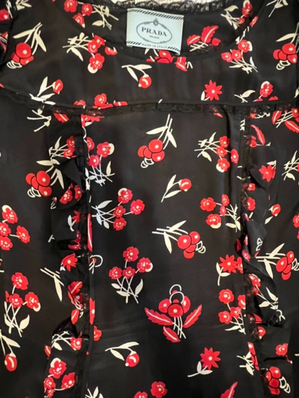 Prada 2016 Black Print Ruffled Midi Dress M-L - Picture 5 of 6